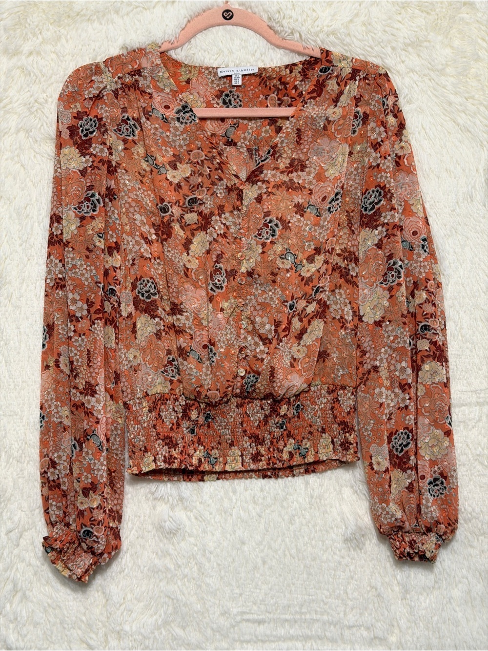 Maison d'Amelie Paris Womens Boho Floral Print Blouse S Orange Smocked Waist